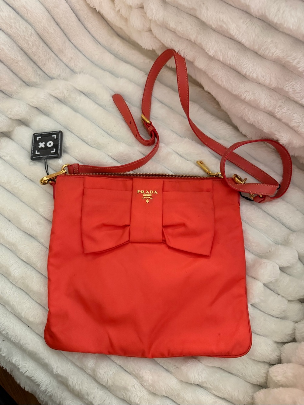 Prada Nylon Tessuto Fiocco Bow Flat Crossbody Messenger Bag in Coral Papaya